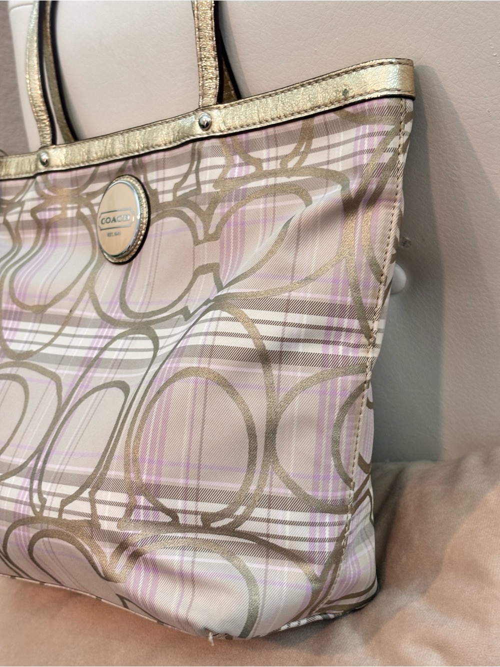 COACH Signature Stripe Plaid Tartan Tote - Picture 4 of 13